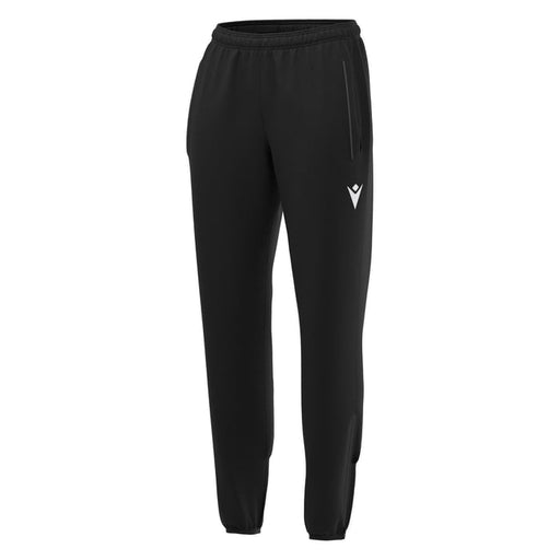Black tracksuit pants with a logo on a white background