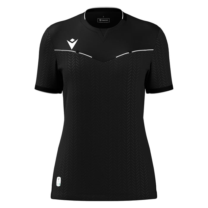 Black sports jersey with white accents on a white background