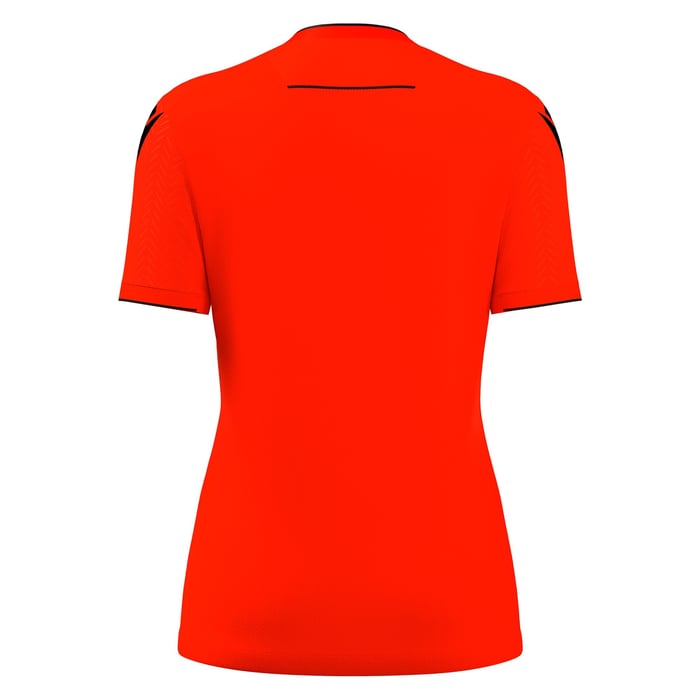 Red polo shirt with black accents on a white background