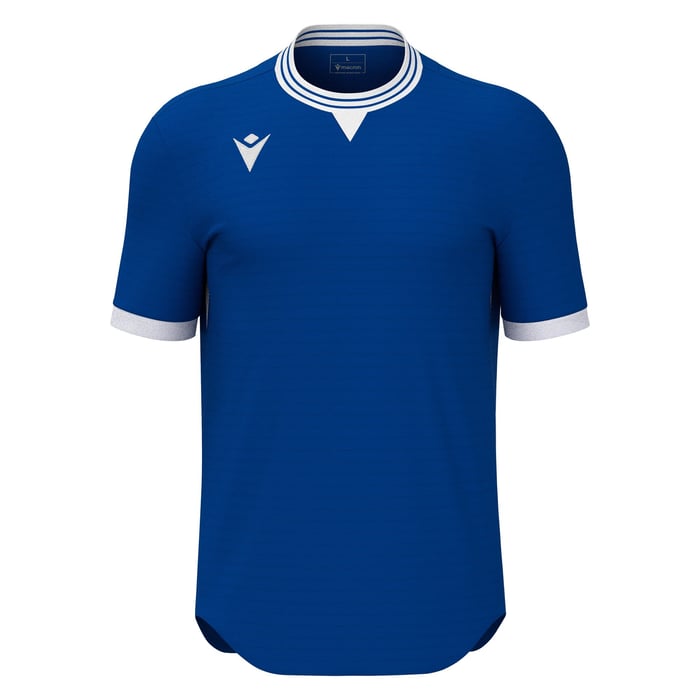 Blue sports jersey with white accents on a white background
