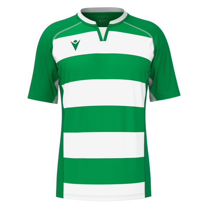 Green and white striped sports jersey on a white background