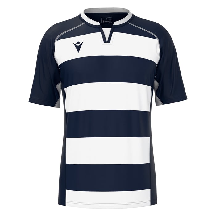Navy and white striped shirt with a logo on a white background