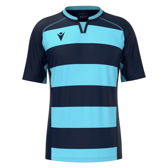 Blue and black striped sports jersey on a white background