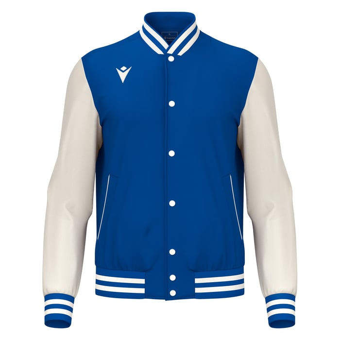 Blue and white varsity jacket with a brand logo on a white background
