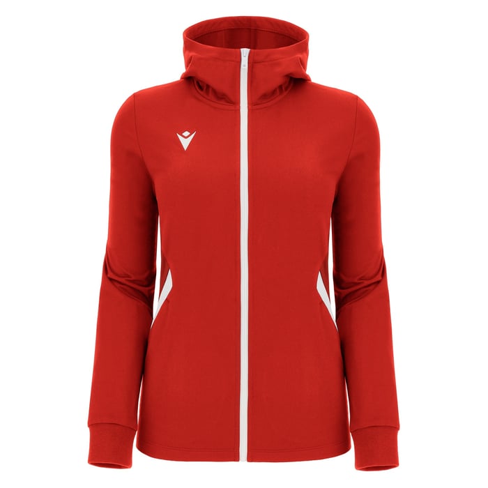 Red hoodie with a white zipper on a white background