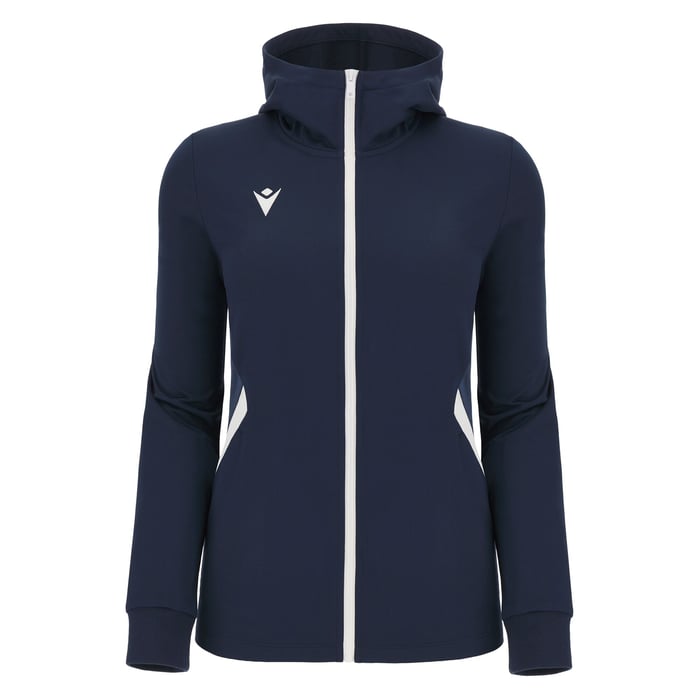 Navy blue jacket with a white zipper on a white background