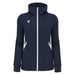 Navy blue jacket with a white zipper on a white background