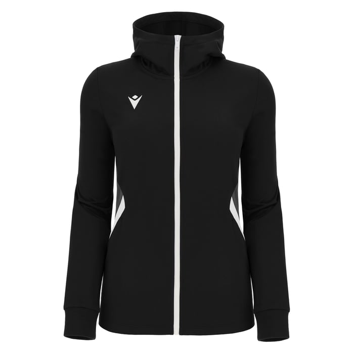Black hoodie with a white zipper on a white background