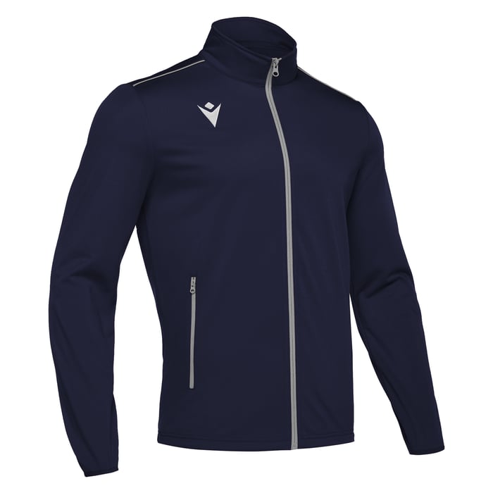 Navy blue jacket with a zipper on a white background