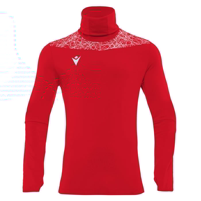 Red long-sleeve shirt with a white logo on a white background