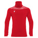Red long-sleeve shirt with a white logo on a white background