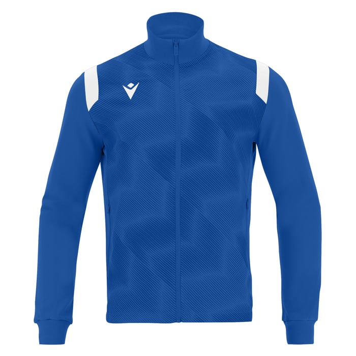 Blue jacket with white accents on a white background