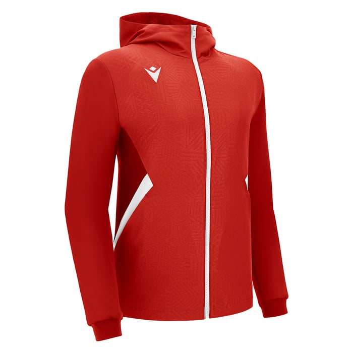 Red hoodie with a white zipper on a white background