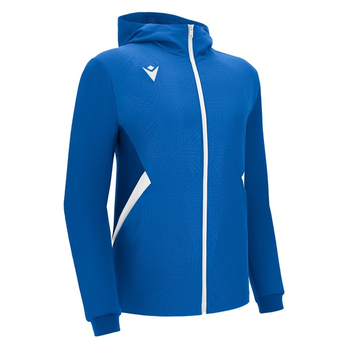 Blue hoodie with a white zipper on a white background
