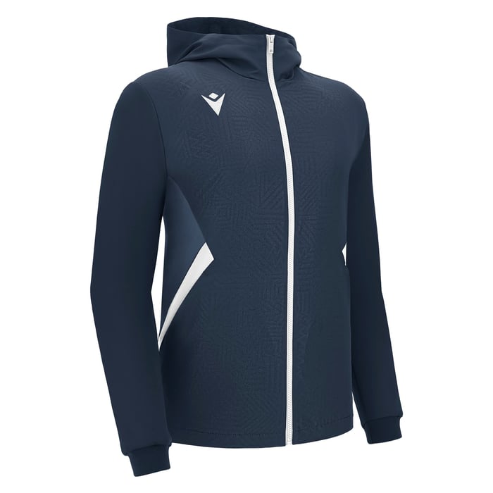 Navy blue jacket with white accents on a white background