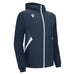 Navy blue jacket with white accents on a white background