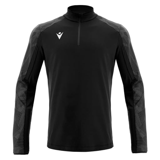 Black long-sleeve athletic shirt with a brand logo on a white background