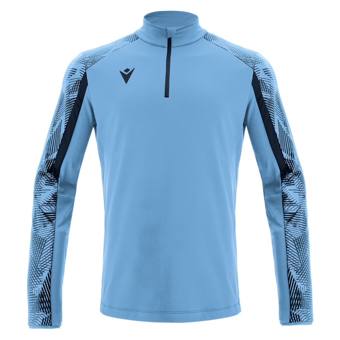 Light blue long-sleeve athletic shirt with black patterned sleeves on a white background