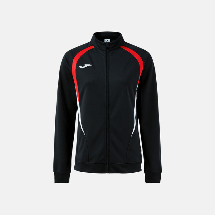 Black jacket with red and white accents on a light gray background