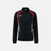 Black jacket with red and white accents on a light gray background