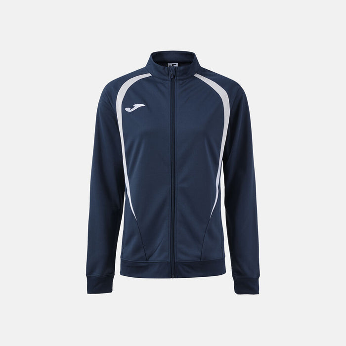 Navy tracksuit jacket with white accents on a light gray background