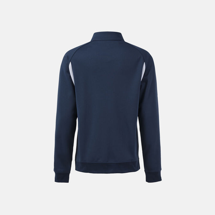Navy blue half-zip sweatshirt on a light gray background