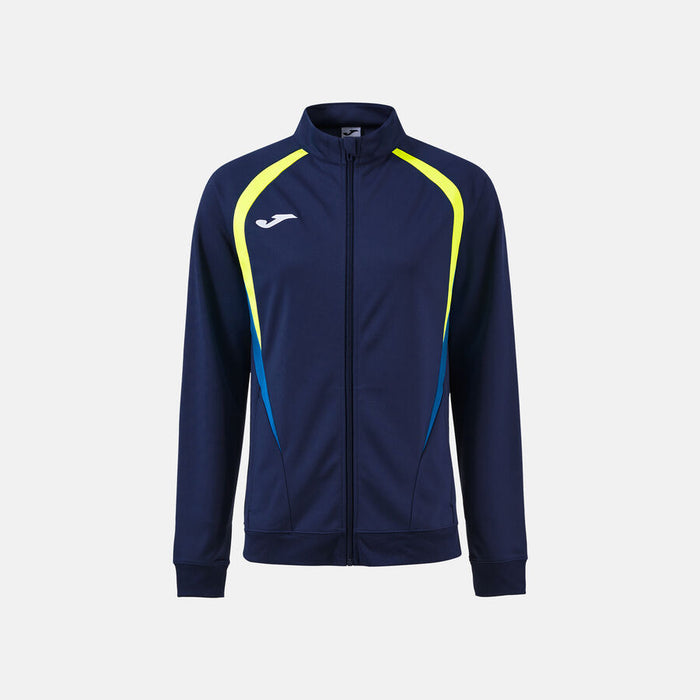Navy blue jacket with yellow and blue accents on a light gray background