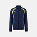 Navy blue jacket with yellow and blue accents on a light gray background