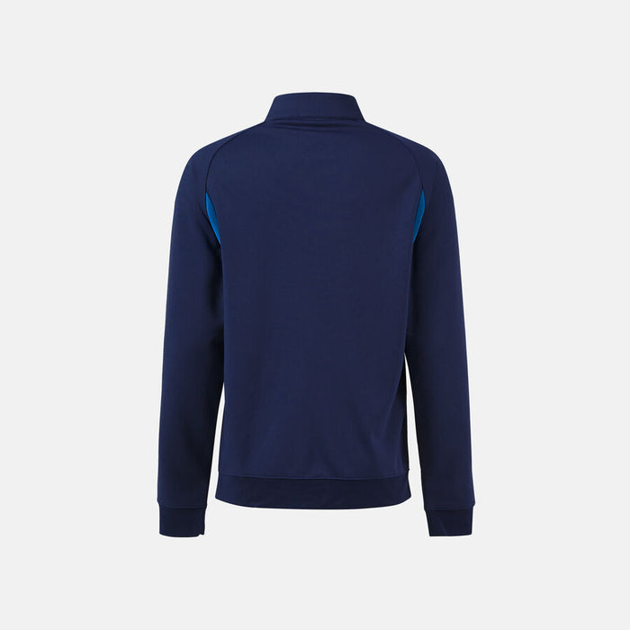 Navy blue half-zip sweatshirt on a light gray background