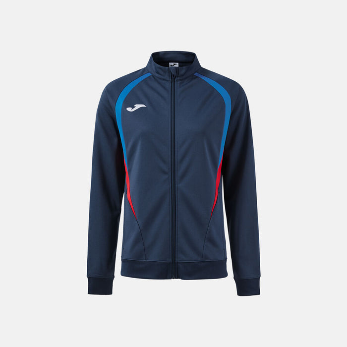 Navy tracksuit jacket with blue and red accents on a light gray background