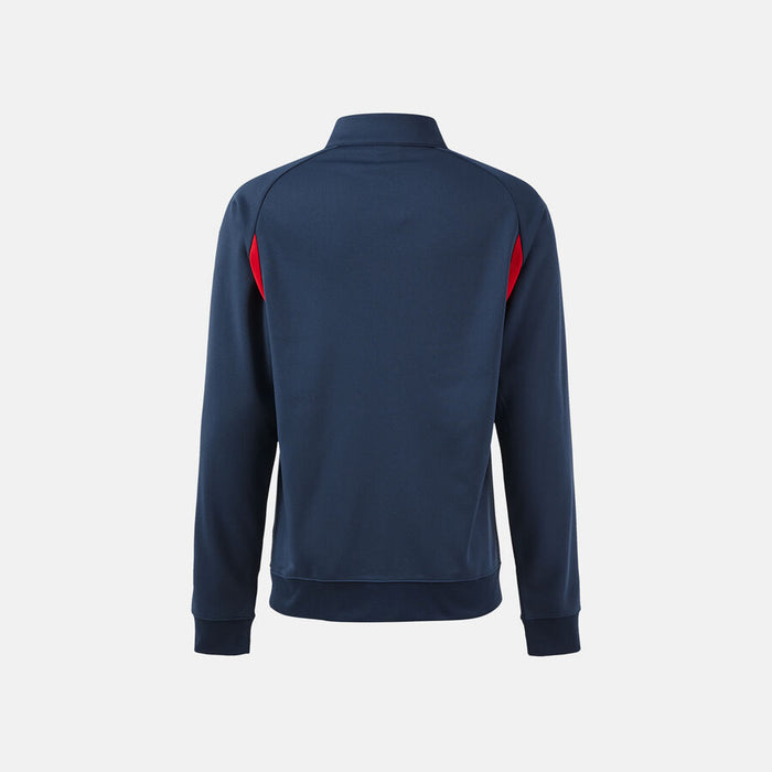 Navy blue jacket with red accents on a white background