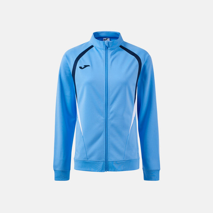 Blue tracksuit jacket with black and white accents on a light gray background