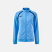 Blue tracksuit jacket with black and white accents on a light gray background