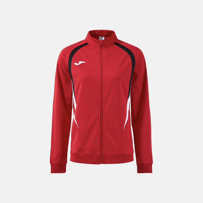Red tracksuit jacket with black and white accents on a light gray background