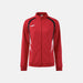 Red tracksuit jacket with black and white accents on a light gray background