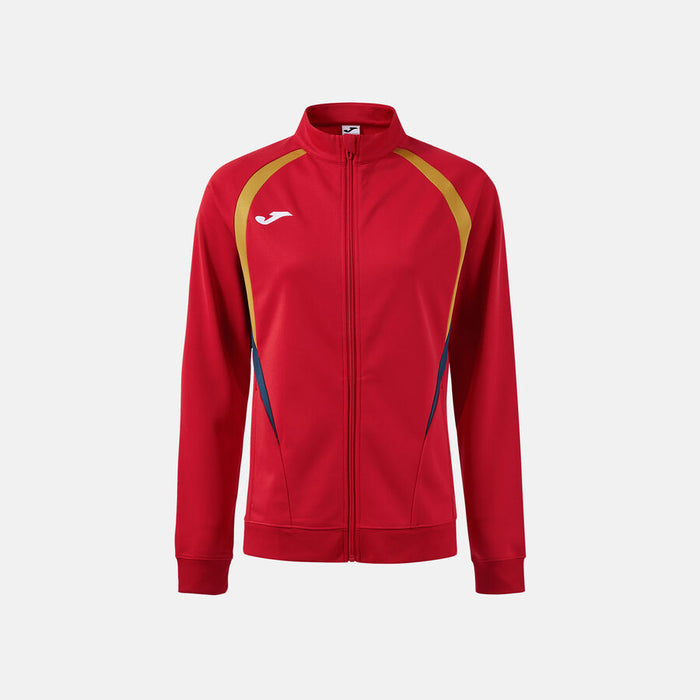 Red tracksuit jacket with gold accents on a white background