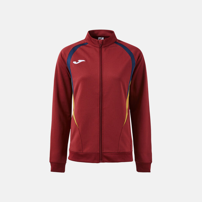Red tracksuit jacket with blue and yellow accents on a white background