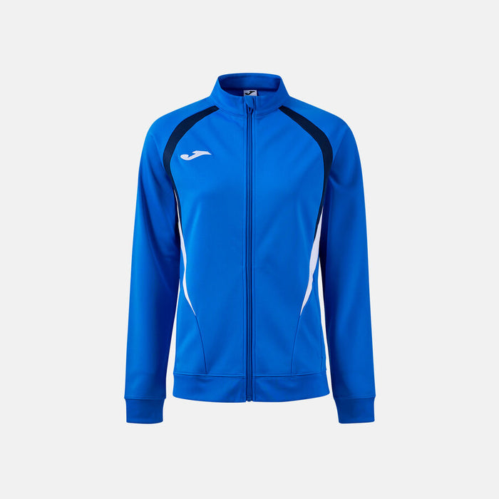 Blue tracksuit jacket with black and white accents on a light gray background