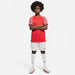University Red Nike tee with Nike Dri FIT Park III Short in White/University Red and white nike socks and white nike football boots