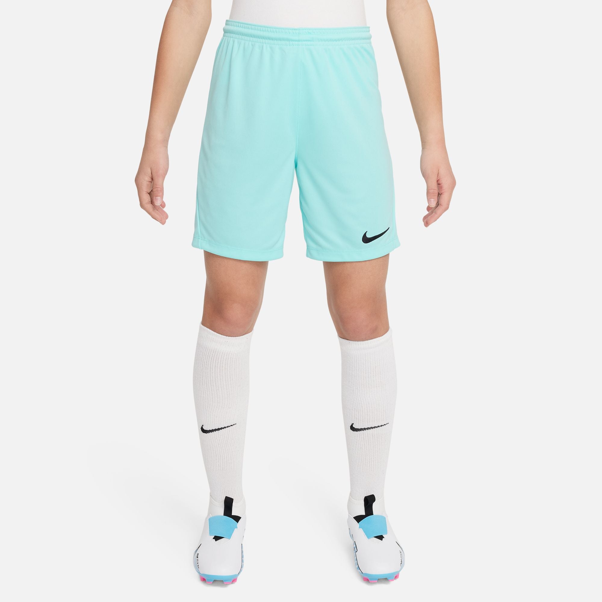 Nike Dri FIT Park III Short in Hyper Turq/Black with white nike socks and white nike football boots
