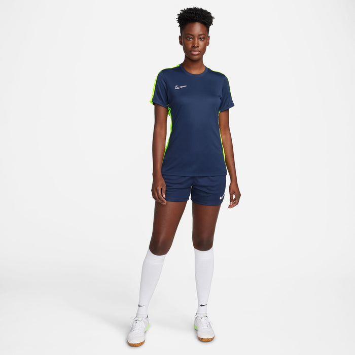 Nike Dri FIT Academy 23 Womens Short Sleeve Shirt in Obsidian and Volt with obsidian nike shorts and white nike socks and white nike trainers