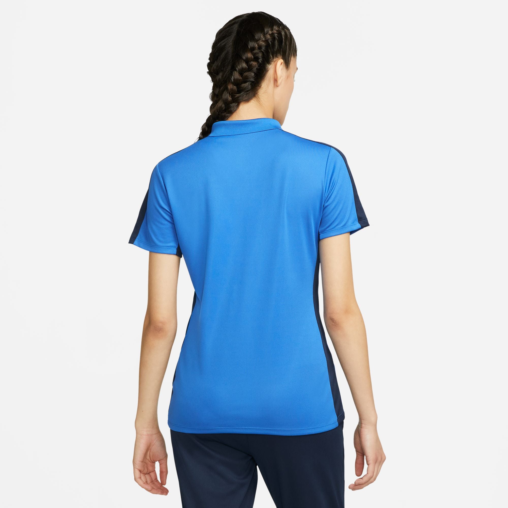 back of Nike Dri FIT Academy 23 Women's Short Sleeve Polo in Royal Blue/Obsidian
