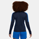 back of Nike Dri FIT Academy 23 Women's Knit Track Jacket in obsidian/royal blue