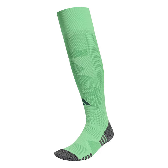 Green knee-high sock with gray toe and heel on a white background