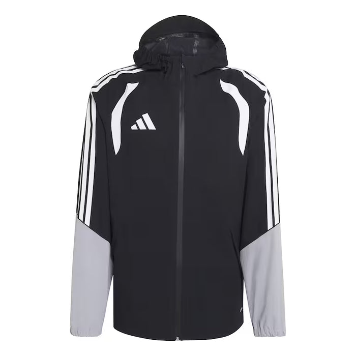 Black and gray jacket with white stripes on a white background