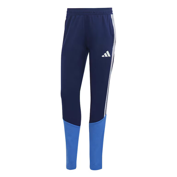 Navy and blue Adidas tracksuit pants on a white background