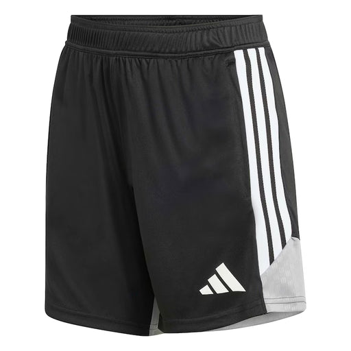Black athletic shorts with white stripes on a white background