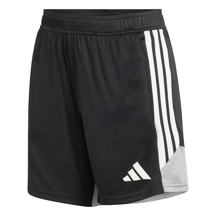 Black athletic shorts with white stripes on a white background