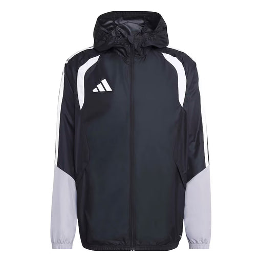 Black and gray Adidas jacket with white stripes on a white background