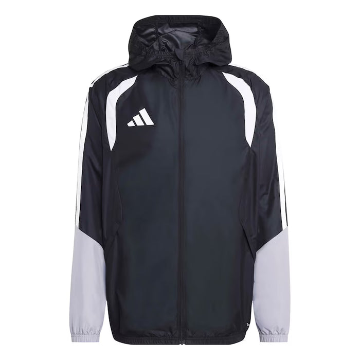 Black and gray Adidas jacket with white stripes on a white background